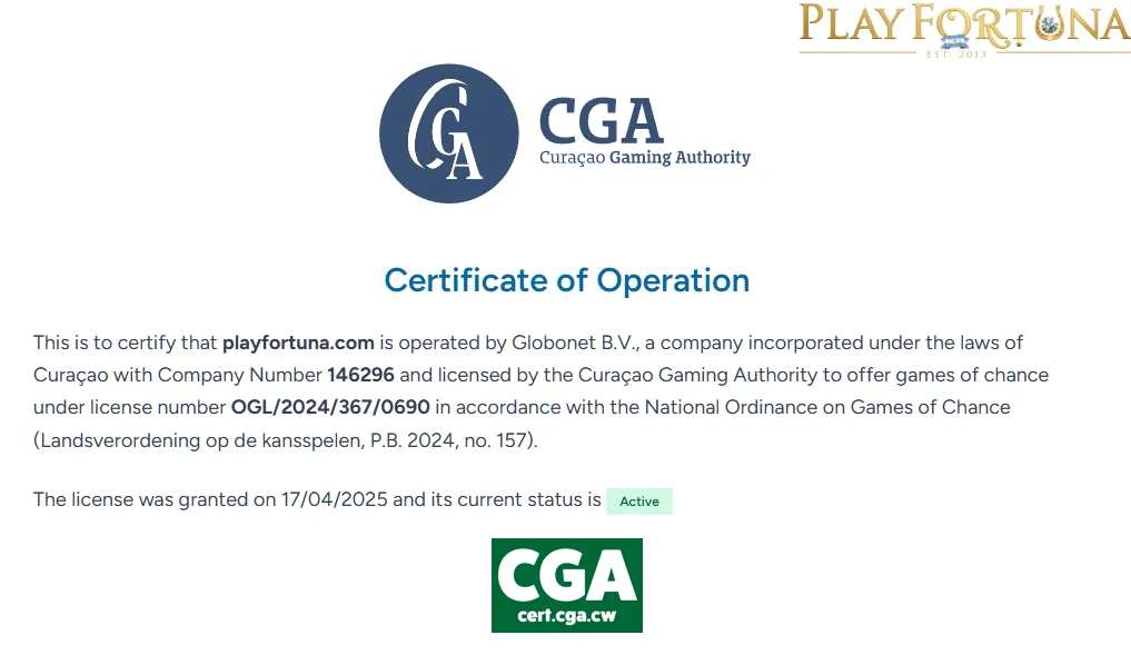 Licencia internacional de PlayFortuna