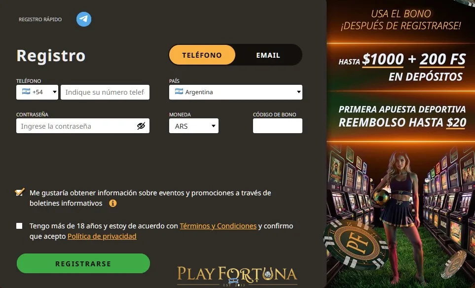 C&oacute;mo registrarse en Play Fortuna Argentina